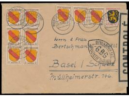 Zensurstelle Tübingen,  Auslandsbrief mit Mischfrankatur Allgemeine Ausgabe 75 Pf. in die Schweiz, Stempel Wangen (Allgäu) 24