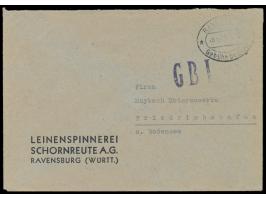 Zensurstelle Lindau,  Firmenbrief mit Stempel  Ravensburg  Gebühr bezahlt 8.10.45 nach Friedrichshafen, violetter L1  G B I, 