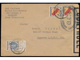Zensurstelle Worms,  Auslandsbrief nach USA, Frankatur Allgemeine Ausgabe 15 Pf. und 2 x 15 Pf., Stempel Mainz 30.11.46, rech