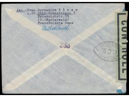 Zensurstelle Koblenz,  Auslandsbrief nach USA, Stempel  Höhr-Grenzhausen 1  28.8.46 und roter R1  Taxe percue,  handschriftli