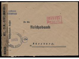 Hessen,  Reichsbank-Kurierbrief von  Kassel  nach Würzburg (Gebühr 1 RM), roter R2 Gebühr bezahlt, US-Zensurstempel 10929 von