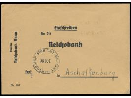 Reichsbank-Kurierbrief  (Gebühr 1 RM) der Reichsbank  Bonn  über Frankfurt / Main an die Reichsbank in Aschaffenburg, US-Zens