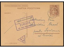 Ganzsache 15 Gr mit Stempel  Zamosc  3.9.39, (Monat kopfstehend = XI.) violetter polnischer  Dreieck-Zensurstempel "B C 24"  