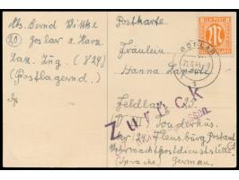 8 Pf. auf Postkarte mit Stempel Goslar 21.8.45 an einen deutschen Militärinternierten im Feldlazarett 25  in Tonderhus / Däne