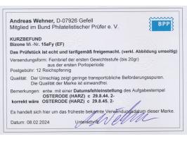 12 Pf. englischer Druck mit Zähnung 14 3/4 : 14 1/4 auf Brief mit Stempel  Osterode (Harz)  29.8.45 nach Hildesheim, Befund W