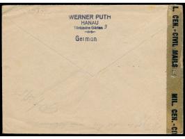Postalia-Absenderfreistempel Hanau  17.9.45 mit Adlerkopf-Wertrahmen 012 Pf. (nicht aptiert) auf Brief nach Freiburg / Breisg