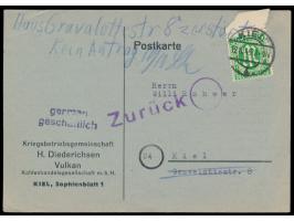 Einzelfrankatur 5 Pf. (Zähnung 14 3/4 : 14 1/4) mit Oberrand auf Ortskarte mit Stempel  Kiel 4  12.10.45, L1 Zurück, handschr