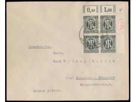 1 Pf. mit Zähnung 11 : 11 1/2 im  Eckrand-Viererblock  rechts oben mit roter  Bogenzählnummer n 4336 auf Drucksache 2. Gewich