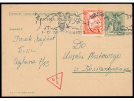 Ganzsache 10 Gr. mit Zusatzfrankatur 5 Gr., Maschinenstempel  Warszawa 2  3.9.39, roter polnischer  Dreieck-Zensurstempel "B 