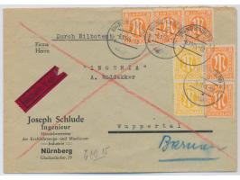 2 x 6 Pf. und 5 x 8 Pf. auf interzonalem  Eilbrief  mit Stempel  Nürnberg 2  6.11.45 nach Wuppertal, Ankunftstempel Wuppertal