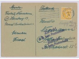 6 Pf. auf Postkarte mit Maschinenstempel &nbsp;Hamburg 1 &nbsp;23.11.45 &nbsp;nach Stettin, &nbsp;violetter L2 &nbsp;Zurück! 