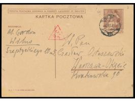 Ganzsache 15 Gr mit Stempel  Wilno  4.9.39, roter polnischer  Dreieck-Zensurstempel "B C 31"  der Zensurstelle Wilno im Korps