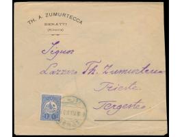 Türkei  1 Pia. auf Firmenbrief mit blauem Stempel  Berat  5.9.11 nach Triest, Umschlag ist rechts etwas verkürzt, Bedarf
Stic
