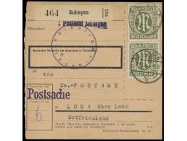 senkrechtes Paar 30 Pf. (bessere Zähnung 11 1/2 : 11) auf  Paketkarte  von  Sulingen  19.12.45 nach Loga über Leer, Absenders