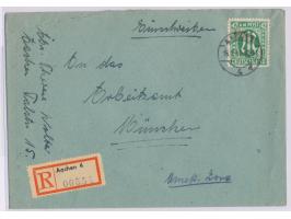 Einzelfrankatur 42 Pf. auf Einschreibbrief mit Stempel  Aachen 4  16.1.46 nach München,  R-Zettel-Amtsausgabe von Aachen,  An