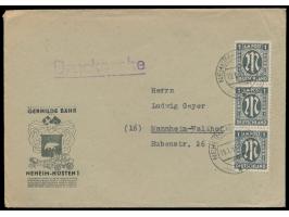 senkrechter Dreierstreifen 1 Pf. mit besserer Zähnung 11 1/2 : 11 auf Drucksache, Stempel  Neheim-Hüsten 1  19.1.46, nach Man