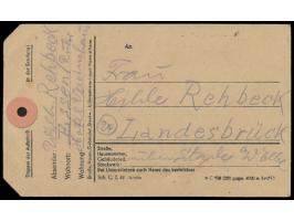 Sechserblock 15 Pf. (Zähnung 11) auf Adressanhänger für eine Paketsendung (Koffer?) von Essen nach (24) Landesbrück, Hoteladr