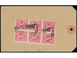 Sechserblock 15 Pf. (Zähnung 11) auf Adressanhänger für eine Paketsendung (Koffer?) von Essen nach (24) Landesbrück, Hoteladr