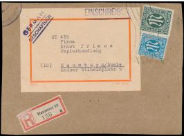 20 Pf. mit  Firmenlochung "G.W."  der Firma Günther Wagner und 50 Pf. (ohne Lochung) auf  Einschreib-Päckchen-Ausschnitt  nac