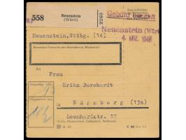 violetter Not-L1  Neuenstein (Württ.)  mit Datum-L1 4. Mrz. 1946 und L1 Gebühr bezahlt auf  Paketkarte  nach Nürnberg, handsc