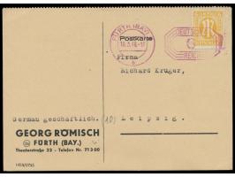 roter  Postfreistempel  mit Achteck-Wertrahmen 6 Pf. von Fürth (Bay) 2 19.3.46 als Entwertung auf Postkarte mit AM-Post 6 Pf.