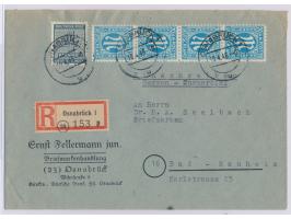 senkrechtes Paar 20 Pf. mit  SBZ-Westsachsen 4 Pf.  auf Einschreibbrief, Stempel  Osnabrück 1  10.4.46, nach Bad Nauheim, Ank