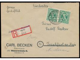 Paar 42 Pf. auf Einschreibbrief mit Stempel  Wesermünde-Wulsdorf  20.4.46 nach Frankfurt,  R-Zettel Fp XI  des ehemaligen Mar