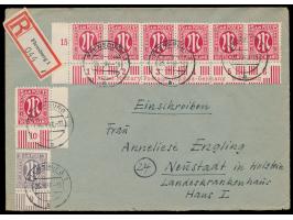 15 Pf. (11 : 11 1/2) als waagerechter  Eckrandrand-6er-Streifen  links unten mit kompletter  Bogeninschrift  (Felder 91 bis 9