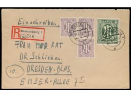 1 RM  und 3 x 3 Pf. auf  Einschreibbrief,  frankiert für die 2. Gewichtsstufe, Stempel  Braunschweig 1  29.4.46, nach Dresden