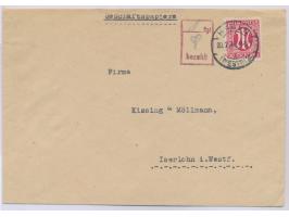 15 Pf. und roter R2 ... Rpf / bezahlt, handschriftlich 1 Pf., als  Teilbarfrankatur  auf Geschäftspapiere, Stempel  Hagen (We