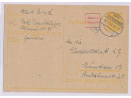 Ganzsache 6 Pf. mit rotem R2  Gebühr bezahlt  und handschriftlich "6 Rpf.", Stempel  Bad Oeynhausen  12.7.46, nach München, B