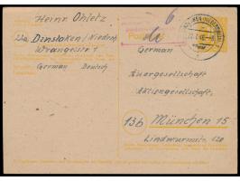 Ganzsache 6 Pf. mit Stempel Dinslaken (Niederrhein) 1 22.7.46 und rotem Einnahme-Nachweis-L4 von Dinslaken als Teilbarfrankat