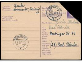 Kiel (RPD),  Ostarbeiter-Ganzsache (Frageteil) mit schräg abgeschnittenem Wertstempel, Ausgabestempel  Neumünster f  18.6.45,