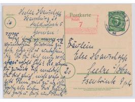 Hamburg 1,  Kontrollrat-Ganzsache 5 Pf. mit Aufwertung   durch Postfreistempel-Wertrahmen 7 Pf., Stempel Hamburg 1 9.8.47, na