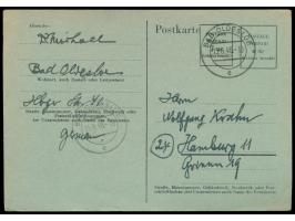 Behelfsganzsache 5 Rpf. mit Zudruck eines zweiten Wertstempels zu 7 Rpf., ohne Druckvermerk, blaugrüner Karton, Ausgabestempe