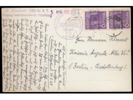 2 x 6 Pf. Bandaufdruck auf Ansichtskarte "Dampfer Vorwärts", geschrieben an Bord des Dampfers "auf der Nordsee - zwischen Amr