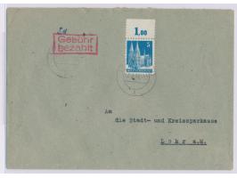 5 Pf. mit Oberrand und roter R2 Gebühr bezahlt als  Teilbarfrankatur  auf Ortsbrief mit Stempel  Lohr (Main)  10.9.48
Postlei