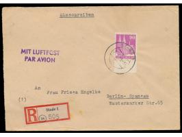 Einzelfrankatur 90 Pf. auf  Luftpost-Einschreibbrief  2. Gewicht nach Berlin-Spandau, Stempel  Stade 1  24.1.49, Ankunftstemp