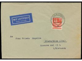 Einzelfrankatur 25 Pf. eng gezähnt auf Luftpostbrief mit Stempel  Berlin Spandau 1  3.4.52 nach Stade, portorichtig, Bedarf
S