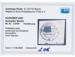 2 BAW,  Teildruck mit markanter Verzähnung,  verursacht durch  Bogenumschlag,  auf Briefstück mit Stempel Frankfurt (Main) 2 