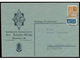 Kirchhundem,  Notopfermarke mit  Durchstich  auf Drucksache der Fa. "Ant. Schulte-Wrede, Rinsecke i. W.", Frankatur 4 Pf. Bau