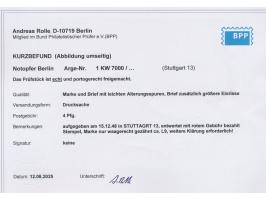 Stuttgart 13,  Notopfermarke mit  waagerechter Zähnung L 9  auf Drucksache der Fa. Kurtz &amp; Puchner, roter Stempel Stuttga