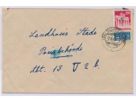 Notopfermarke mit  Postmeister-Durchstich Jork  auf Brief mit 20 Pf. Bauten nach Stade, Stempel  Buxtehude  7.4.49, Harlos-Nr