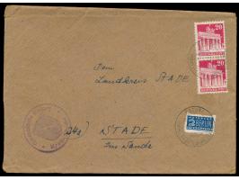 Notopfermarke mit  Postmeister-Durchstich Stade  auf Brief 2. Gewicht mit 2 x 20 Pf. Bauten nach Stade, Stempel  Estorf über 