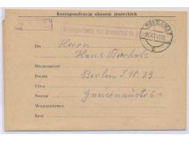 Vordruck-Faltbrief des polnischen  Kriegsgefangenenlagers Ruda Slaska  nach Berlin, violetter Zensurstempel C.R. VI und R1 "C