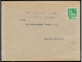 Ortsbrief  Bruchsal  mit 10 Pf. Bauten unentwertet, violetter Setzkasten-L2  Steuermarke fehlt ! / Notopfer Berlin. , an Abse