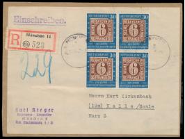 Viererblock  30 Pf. "100 Jahre Briefmarken" auf komplettem Adressausschnitt für einen Einschreibbrief bis 1000 g, Stempel Mün