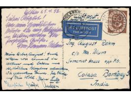 Einzelfrankatur 60 Pf. Posthorn auf Luftpostkarte  nach Indien  (Zone 4), Stempel  Hagen (Westf) 1  28.4.52, Ankunftstempel C