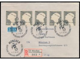 5 x 10 Pf. "Deutsche Kriegsgefangene" und Notopfermarke auf Orts-R-Brief mit Sonderstempel  München - Deutsche Verkehrs-Ausst