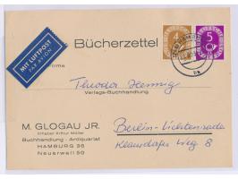 4 Pf. und 5 Pf. Posthorn auf  Luftpost-Bücherzettel  mit Stempel Hamburg 1 21.9.53 nach Berlin, portorichtig, Bedarf
Postleit